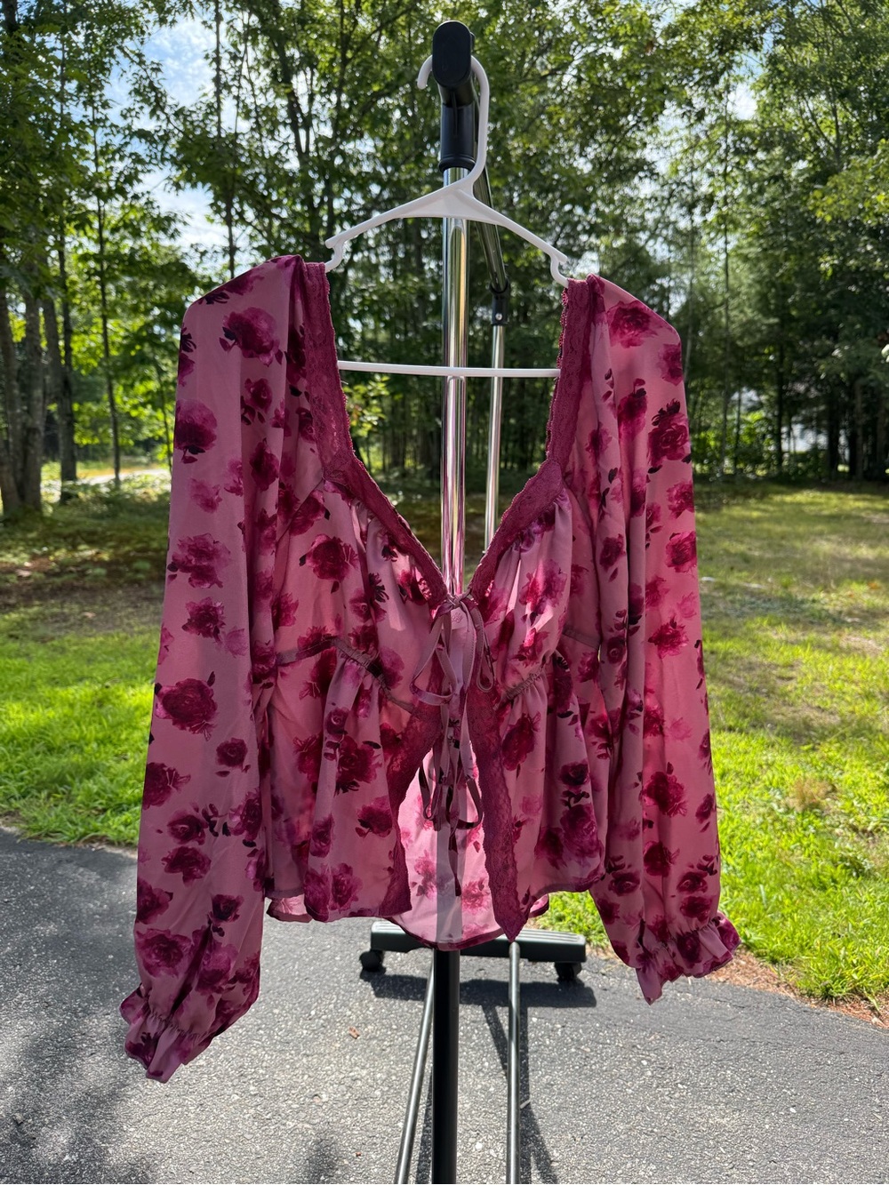 Pink Lily Rose-Print Tie-Front Sheer Blouse in Mauve and Berry